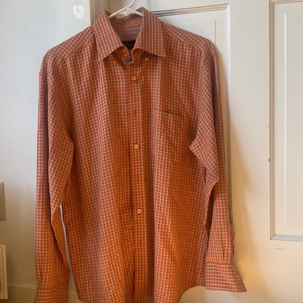 3 for $15!! Bugatchi Orange Gingham button Down shirt M